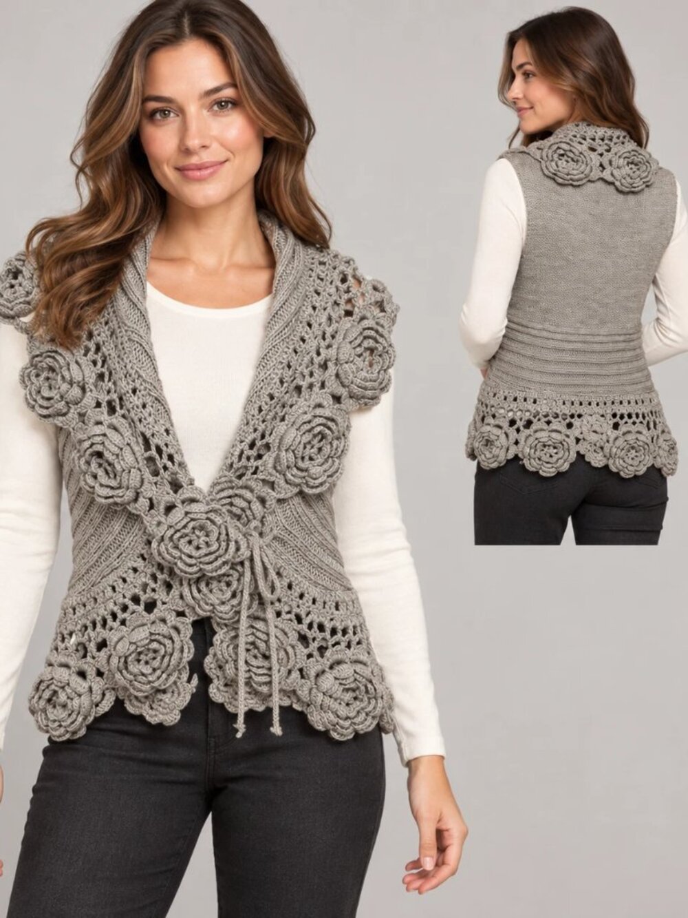 Roz & Ali Taupe Wool Blend Crochet Rosette Tie Front Sweater Vest Petite L/XL